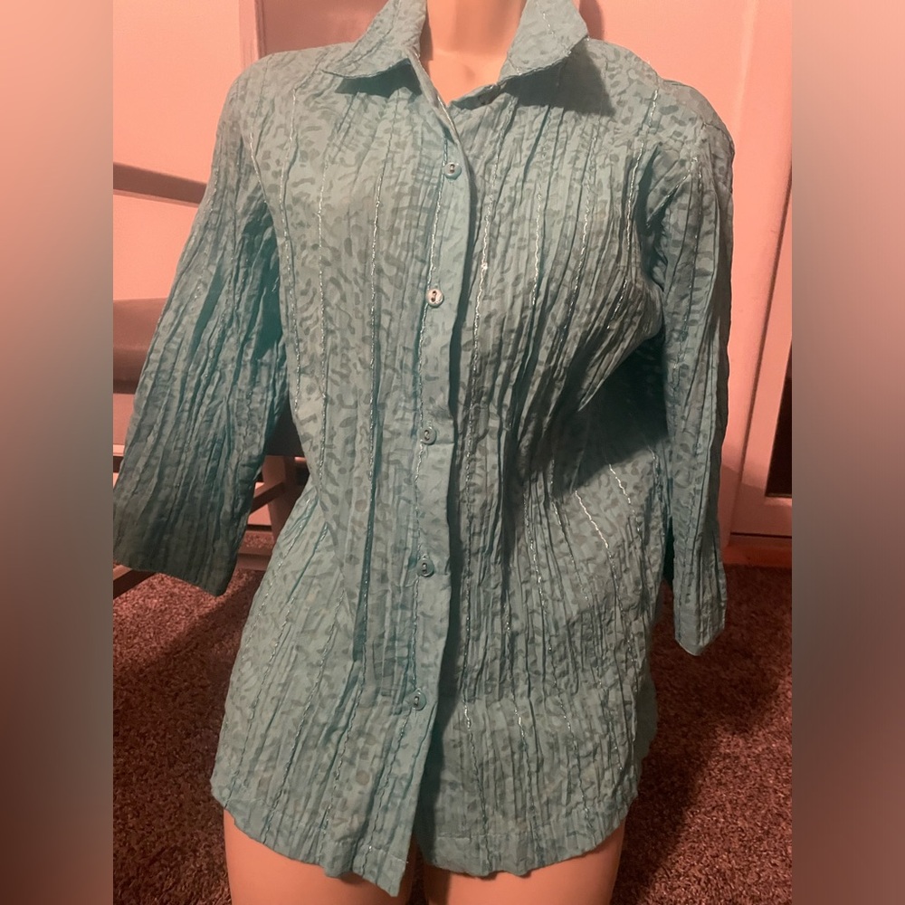 Allison Daley Size 10 Petite Lightweight Button Down Teal Shirt